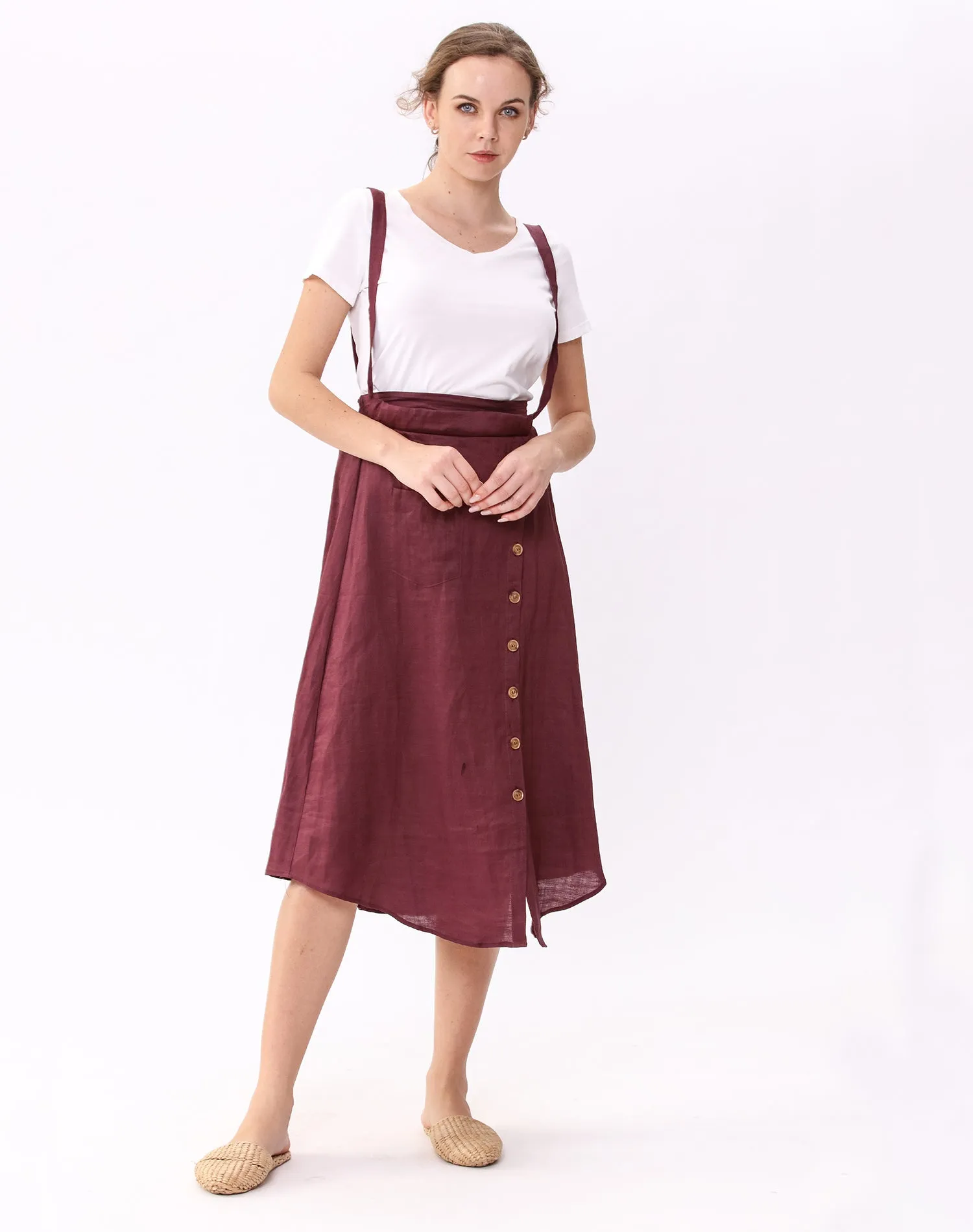 Womens Linen Button Front Maxi Skirts with Pockets Overalls Skirt