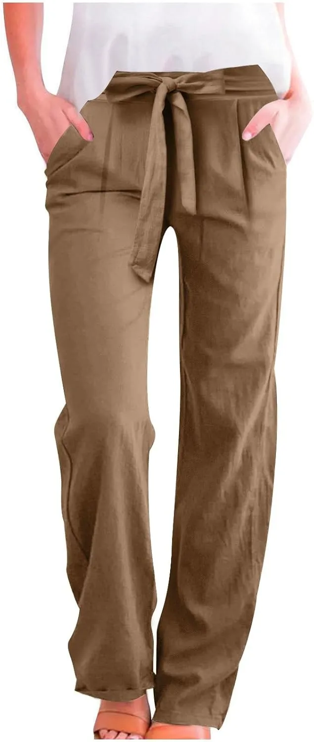 Womens Linen Cotton Pants Casual Straight Leg Work Pants with Pockets 2025 Summer Trendy Dressy Pants Tie Front Pants