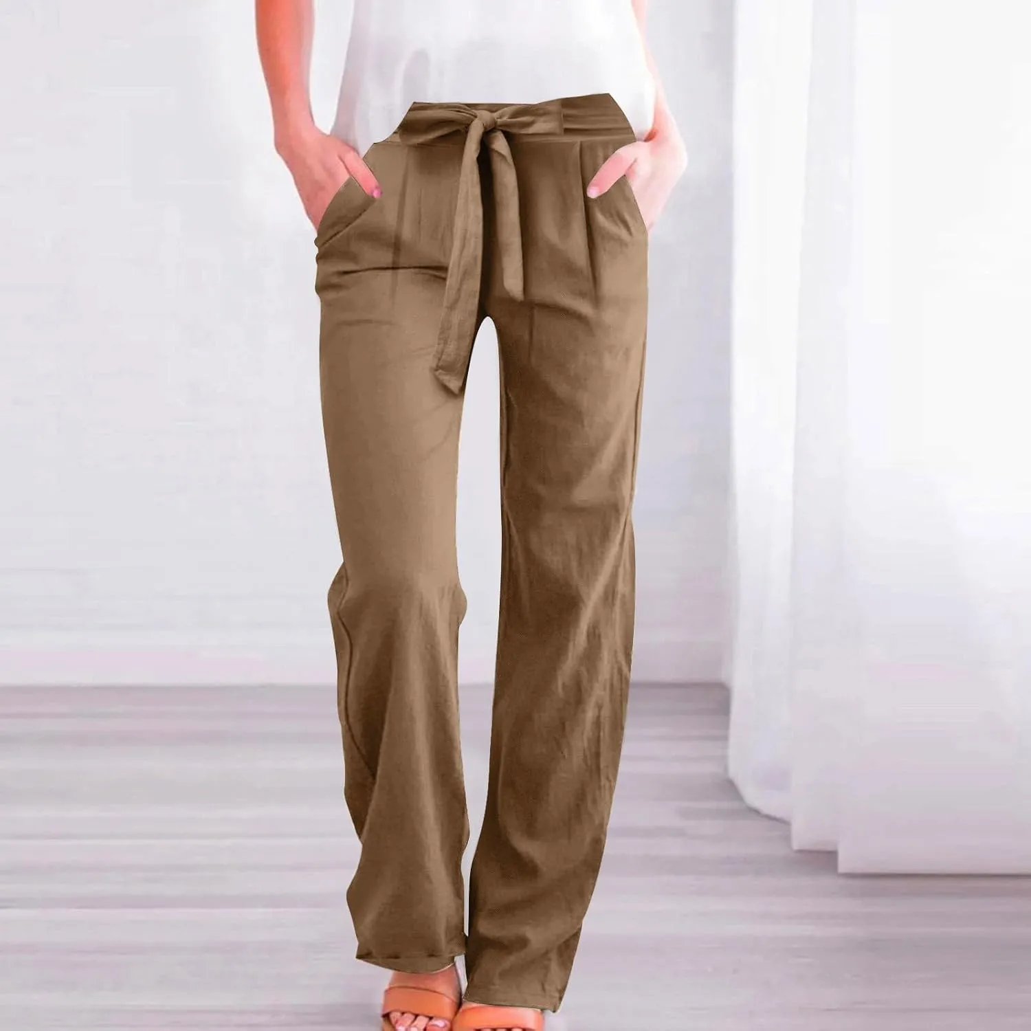 Womens Linen Cotton Pants Casual Straight Leg Work Pants with Pockets 2025 Summer Trendy Dressy Pants Tie Front Pants