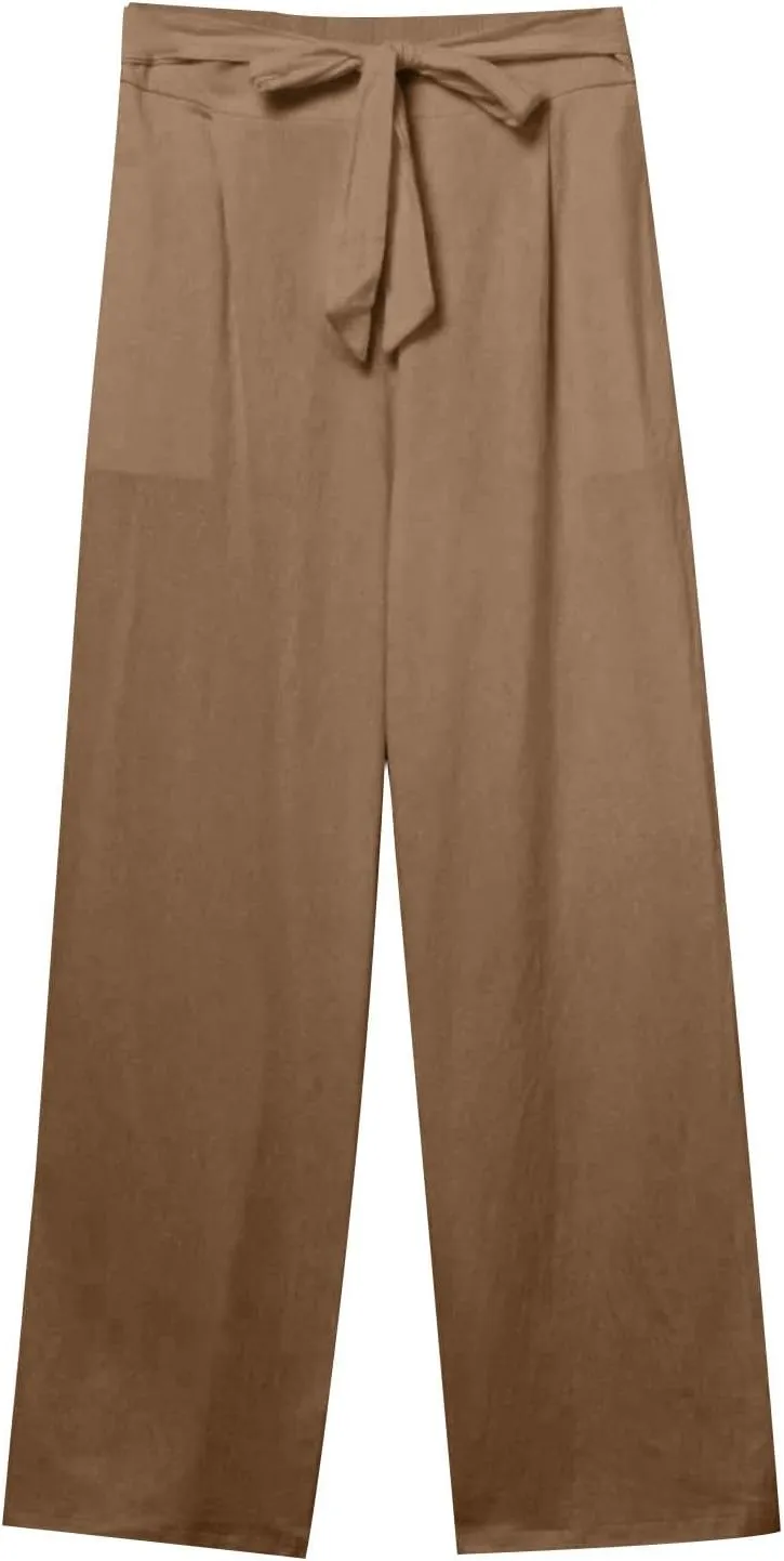 Womens Linen Cotton Pants Casual Straight Leg Work Pants with Pockets 2025 Summer Trendy Dressy Pants Tie Front Pants