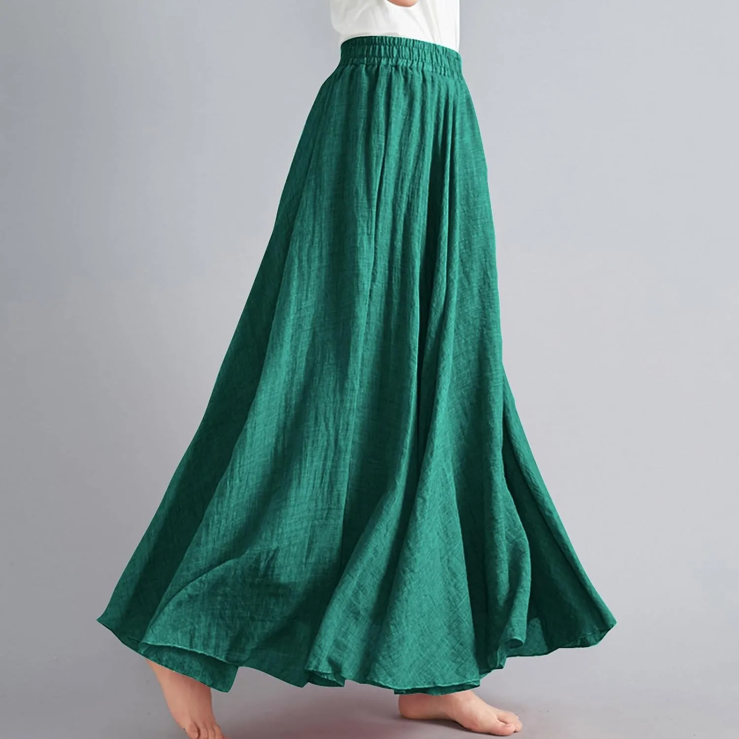 Women's Linen Maxi Skirts High Waist Ankle Length Skirt Solid Color Loose Casual Skirt Summer Flowy Long Skirts