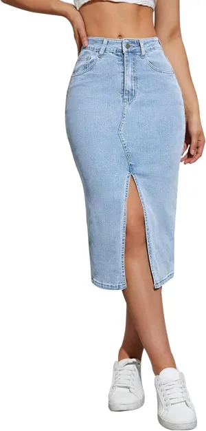 Women's Mid Length Stretch Denim Slit Skirt Comfortable Curve Enhancing for A Flattering Fit