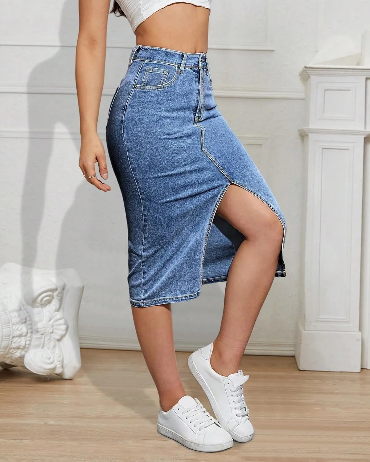 Women's Mid Length Stretch Denim Slit Skirt Comfortable Curve Enhancing for A Flattering Fit