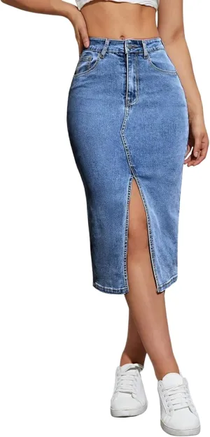 Women's Mid Length Stretch Denim Slit Skirt Comfortable Curve Enhancing for A Flattering Fit