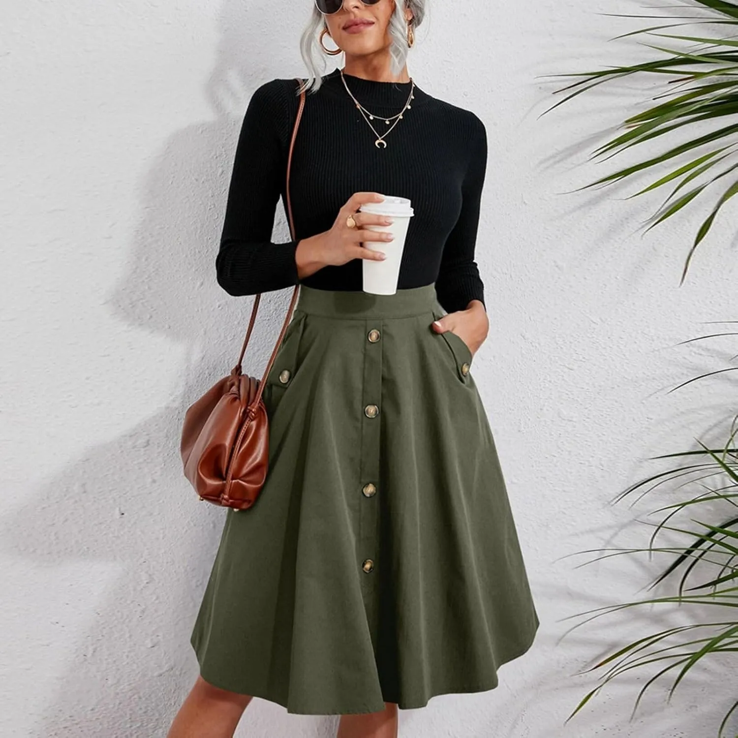 Women's Midi Pleated Skirt High Waist Button Placket A Line Elegant Leisure Work Skirt with Pockets