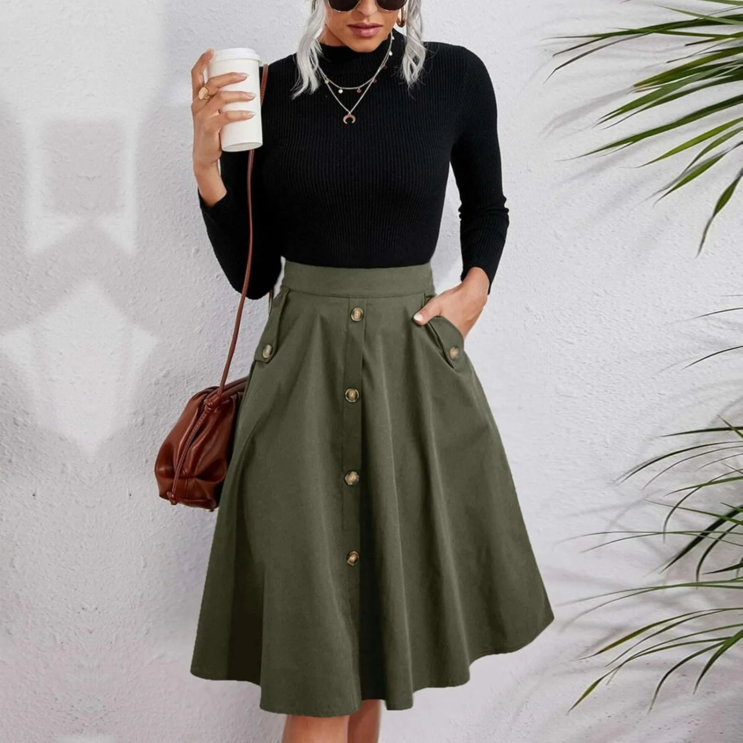 Women's Midi Pleated Skirt High Waist Button Placket A Line Elegant Leisure Work Skirt with Pockets