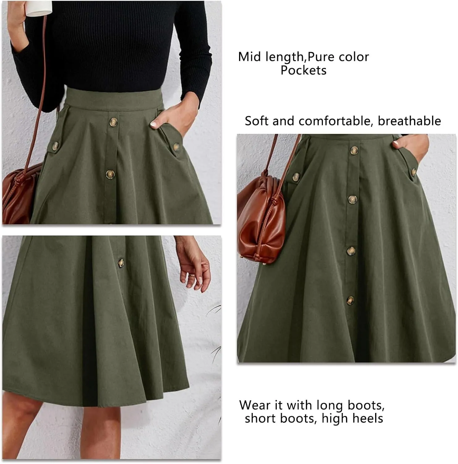 Women's Midi Pleated Skirt High Waist Button Placket A Line Elegant Leisure Work Skirt with Pockets