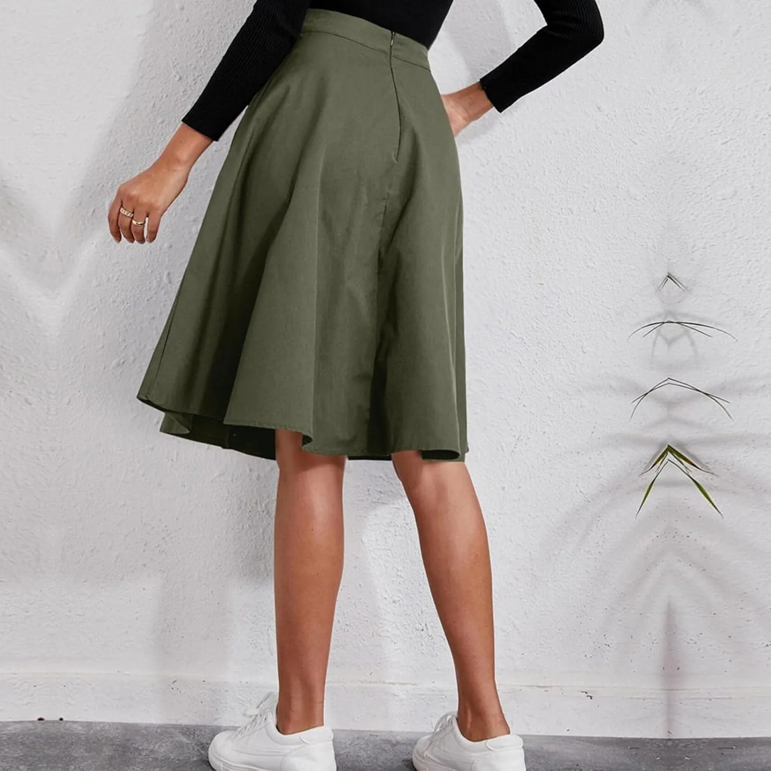 Women's Midi Pleated Skirt High Waist Button Placket A Line Elegant Leisure Work Skirt with Pockets