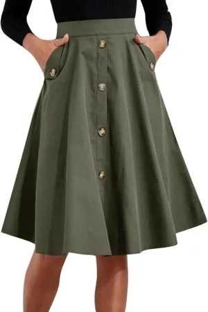 Women's Midi Pleated Skirt High Waist Button Placket A Line Elegant Leisure Work Skirt with Pockets