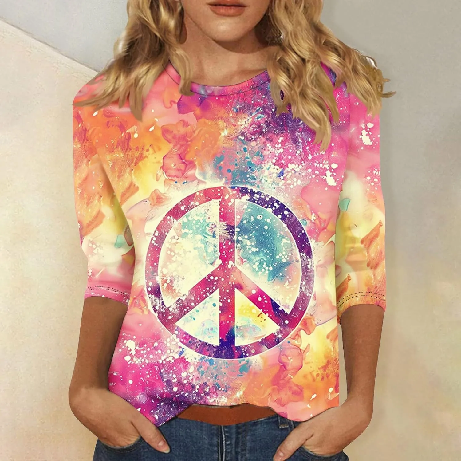 Womens Peace Sign T Shirt Novelty 3D Floral Graphic Tee Cute Ladies Gift 3/4 Sleeve Tunic Tops Vintage Hippie Costume