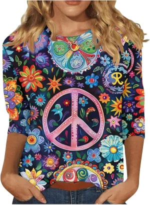 Womens Peace Sign T Shirt Novelty 3D Floral Graphic Tee Cute Ladies Gift 3/4 Sleeve Tunic Tops Vintage Hippie Costume
