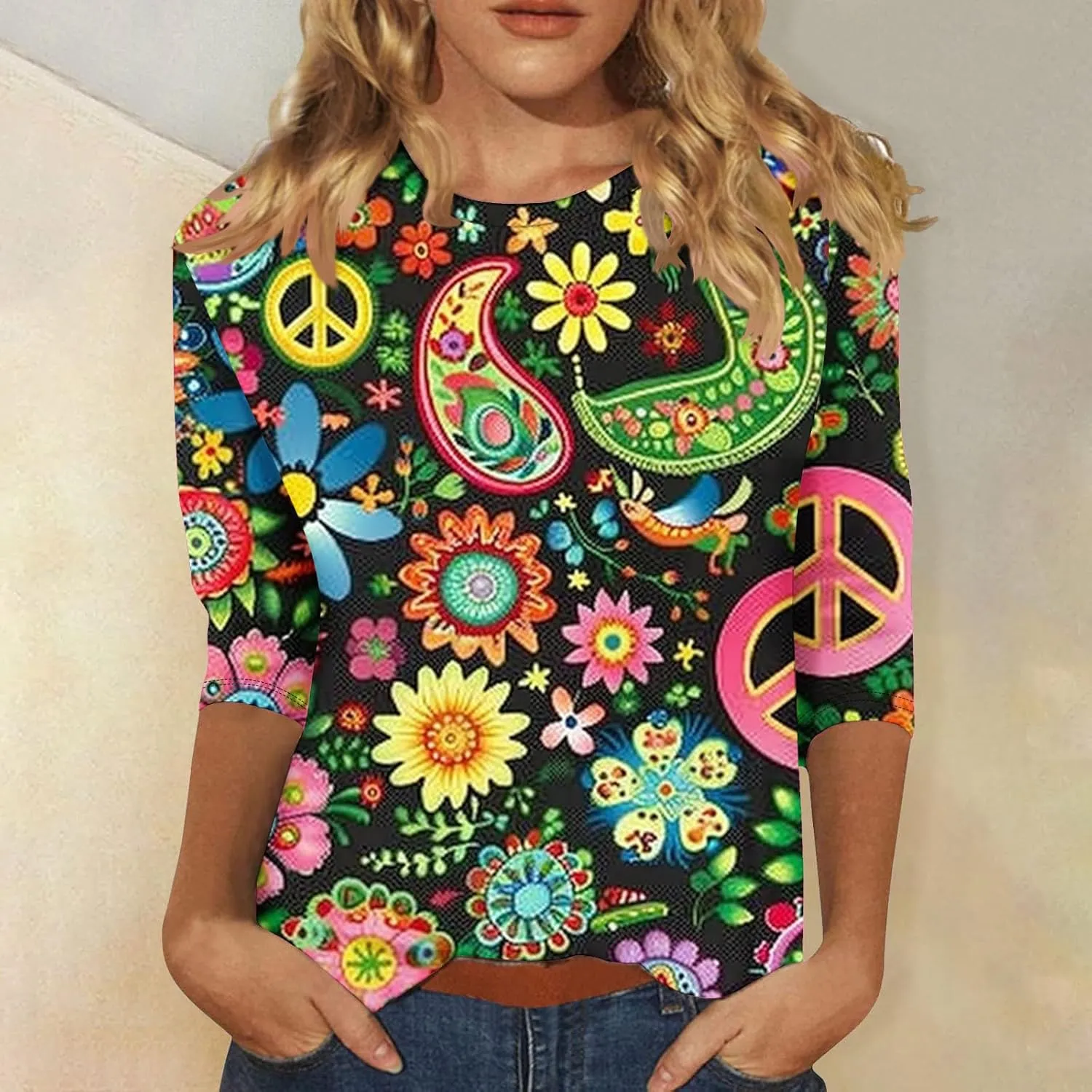 Womens Peace Sign T Shirt Novelty 3D Floral Graphic Tee Cute Ladies Gift 3/4 Sleeve Tunic Tops Vintage Hippie Costume