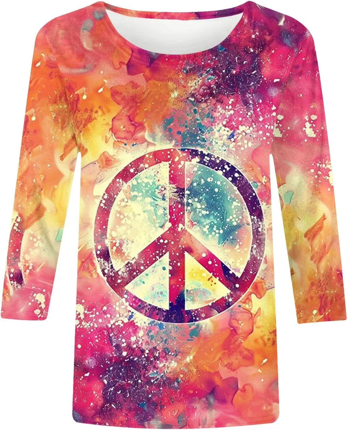 Womens Peace Sign T Shirt Novelty 3D Floral Graphic Tee Cute Ladies Gift 3/4 Sleeve Tunic Tops Vintage Hippie Costume