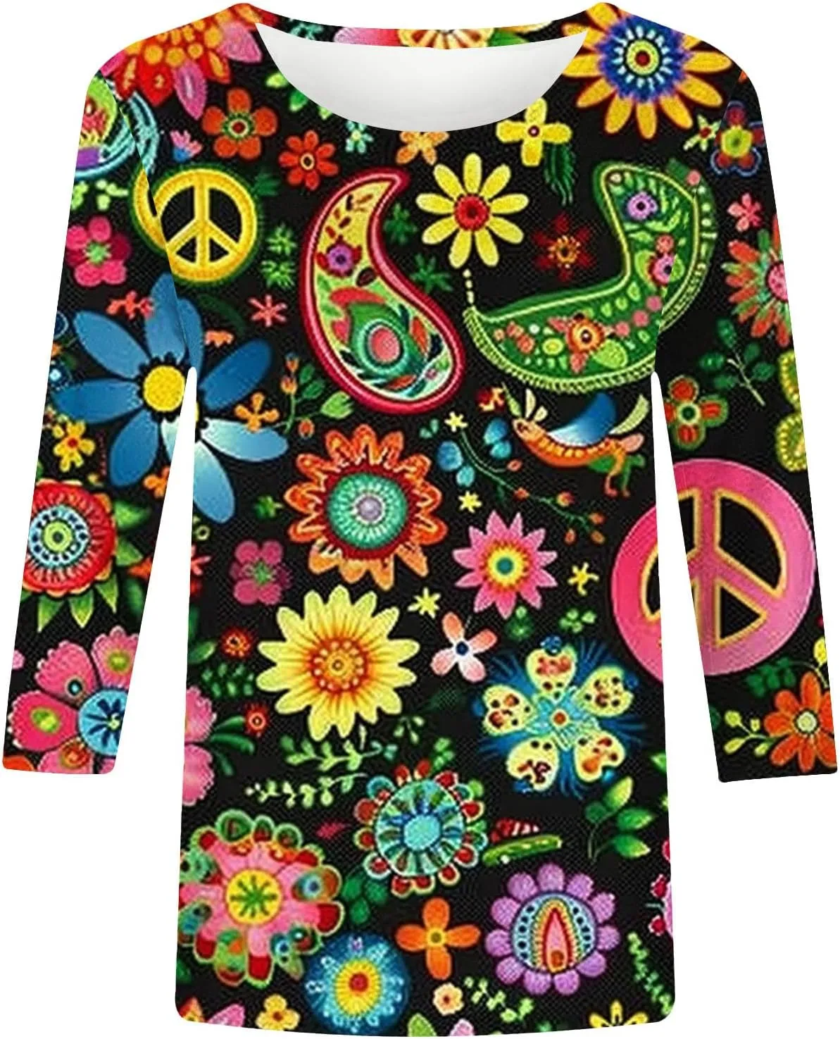 Womens Peace Sign T Shirt Novelty 3D Floral Graphic Tee Cute Ladies Gift 3/4 Sleeve Tunic Tops Vintage Hippie Costume