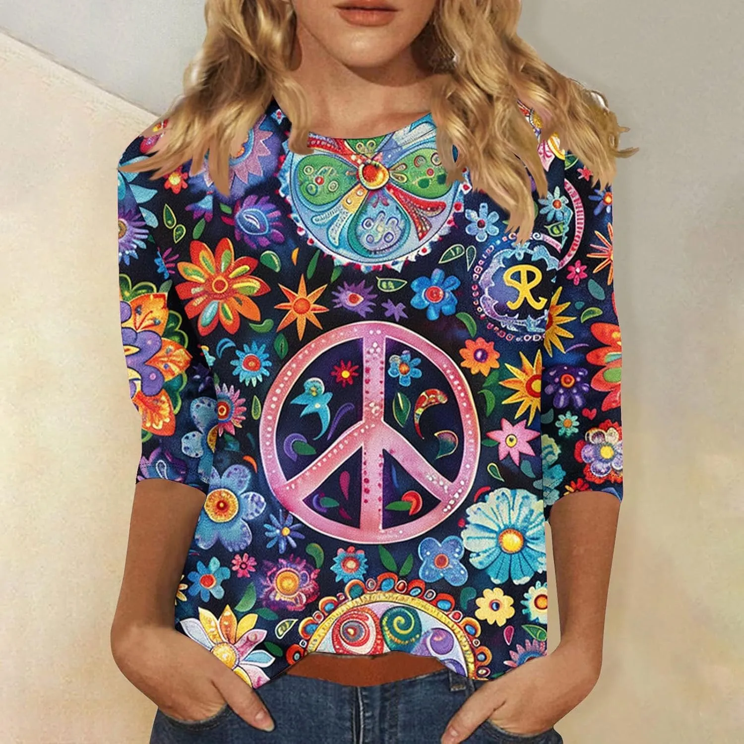 Womens Peace Sign T Shirt Novelty 3D Floral Graphic Tee Cute Ladies Gift 3/4 Sleeve Tunic Tops Vintage Hippie Costume