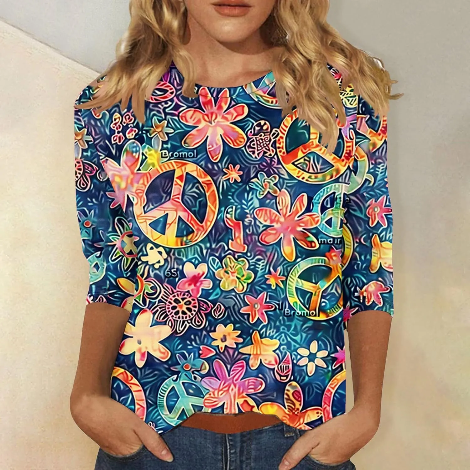 Womens Peace Sign T Shirt Novelty 3D Floral Graphic Tee Cute Ladies Gift 3/4 Sleeve Tunic Tops Vintage Hippie Costume
