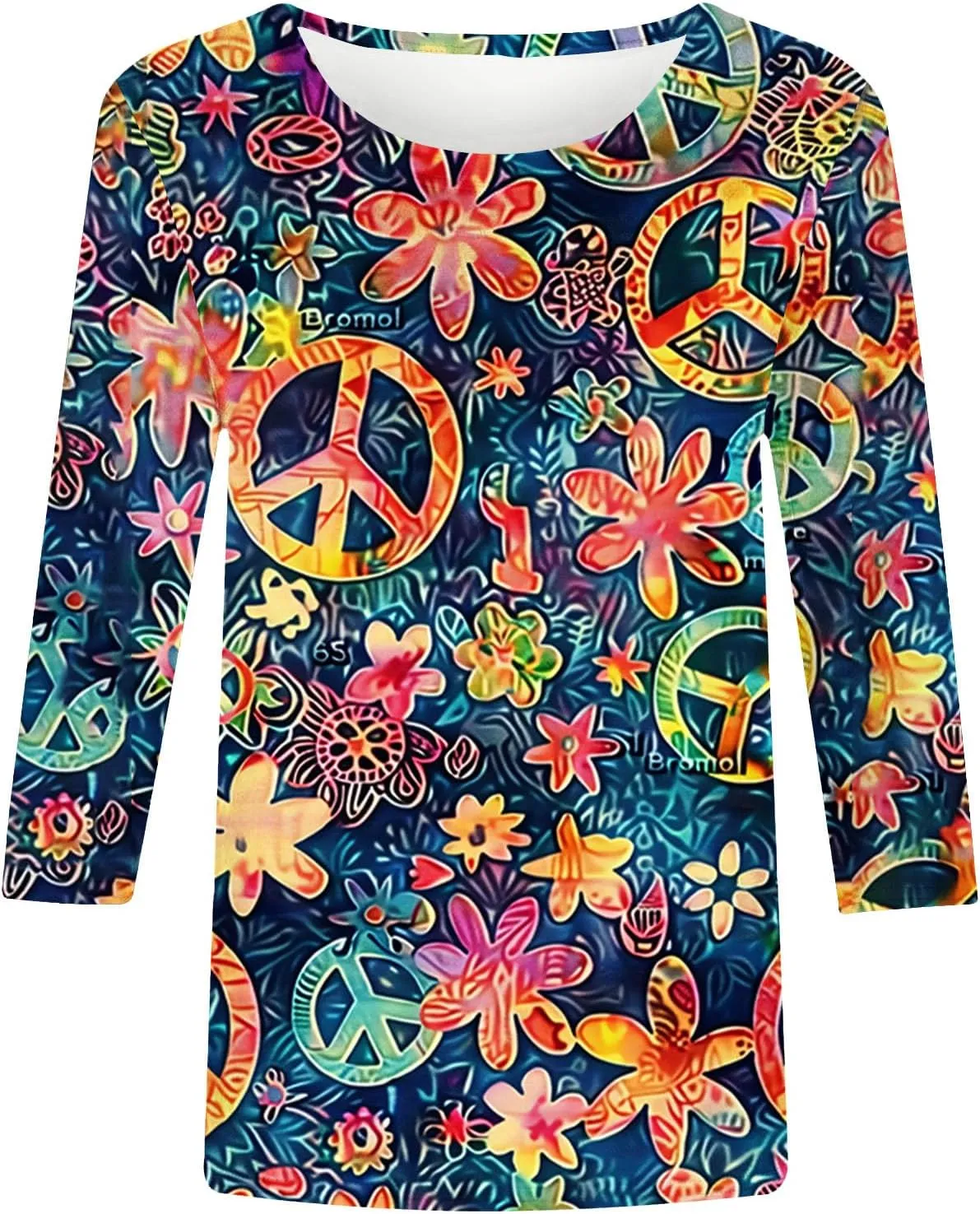 Womens Peace Sign T Shirt Novelty 3D Floral Graphic Tee Cute Ladies Gift 3/4 Sleeve Tunic Tops Vintage Hippie Costume