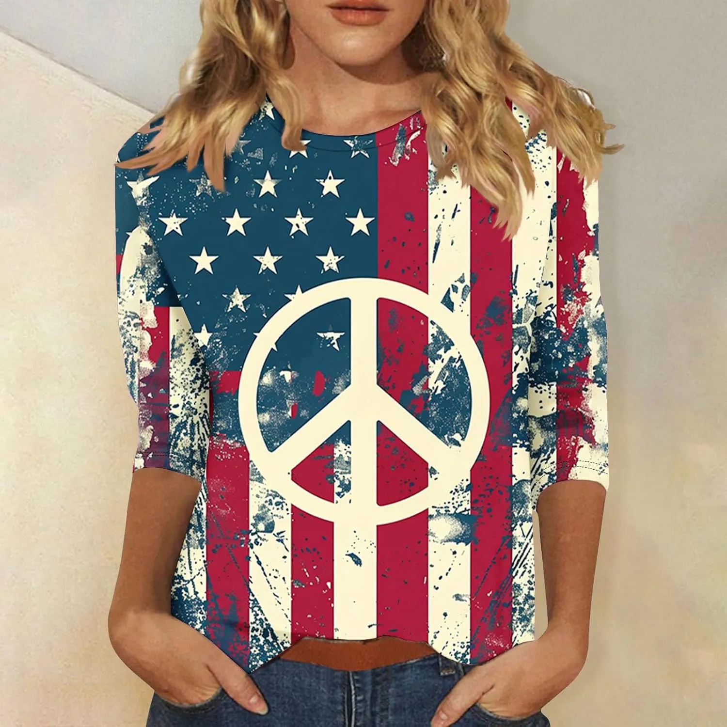 Womens Peace Sign T Shirt Novelty 3D Floral Graphic Tee Cute Ladies Gift 3/4 Sleeve Tunic Tops Vintage Hippie Costume