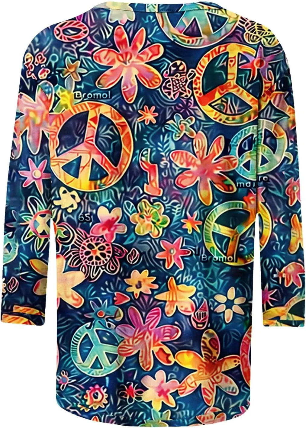 Womens Peace Sign T Shirt Novelty 3D Floral Graphic Tee Cute Ladies Gift 3/4 Sleeve Tunic Tops Vintage Hippie Costume