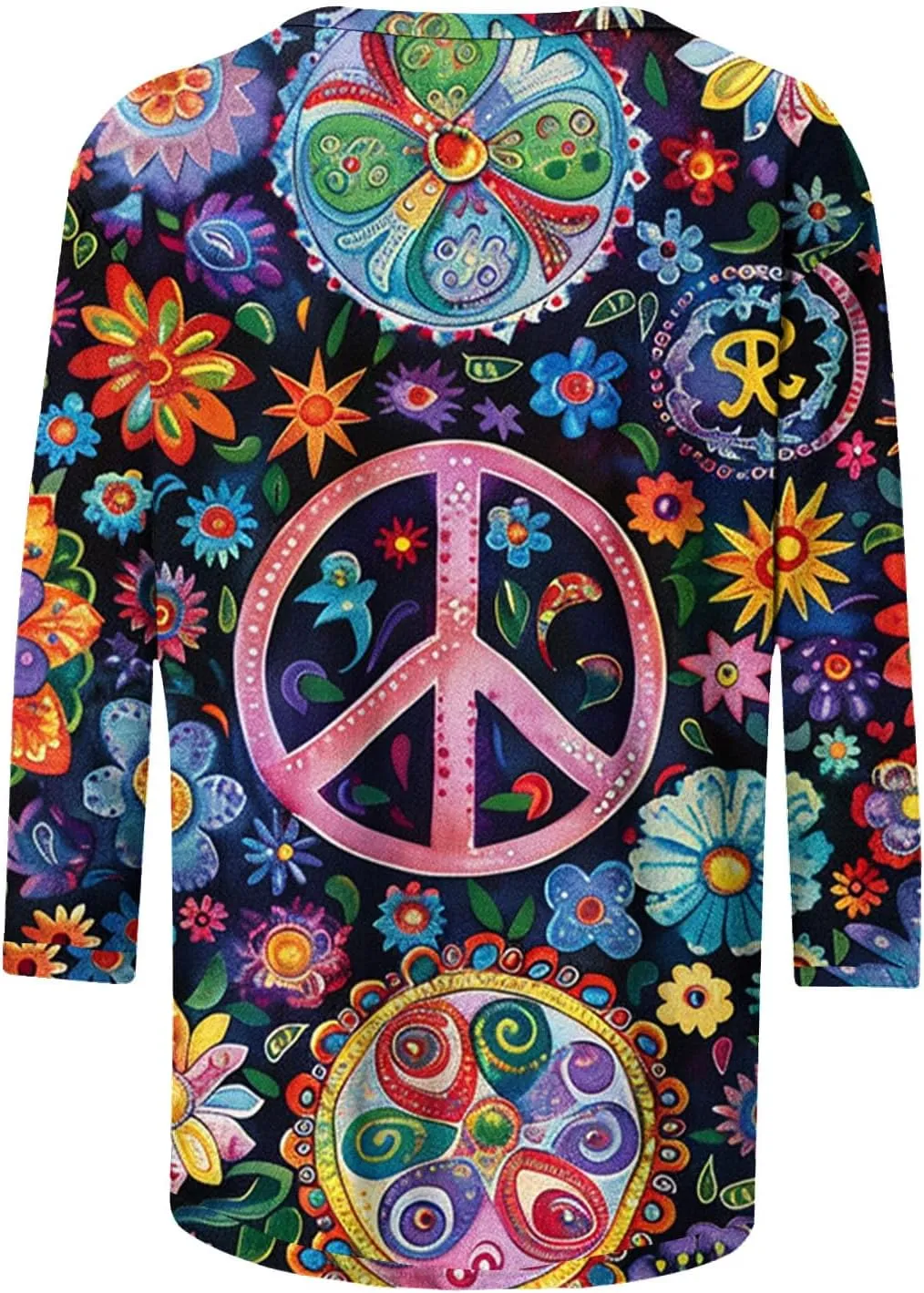 Womens Peace Sign T Shirt Novelty 3D Floral Graphic Tee Cute Ladies Gift 3/4 Sleeve Tunic Tops Vintage Hippie Costume
