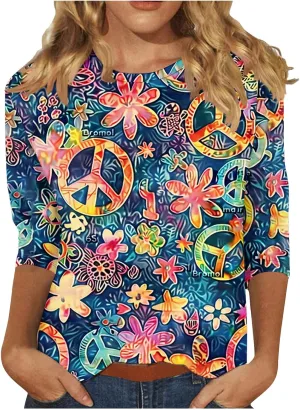 Womens Peace Sign T Shirt Novelty 3D Floral Graphic Tee Cute Ladies Gift 3/4 Sleeve Tunic Tops Vintage Hippie Costume