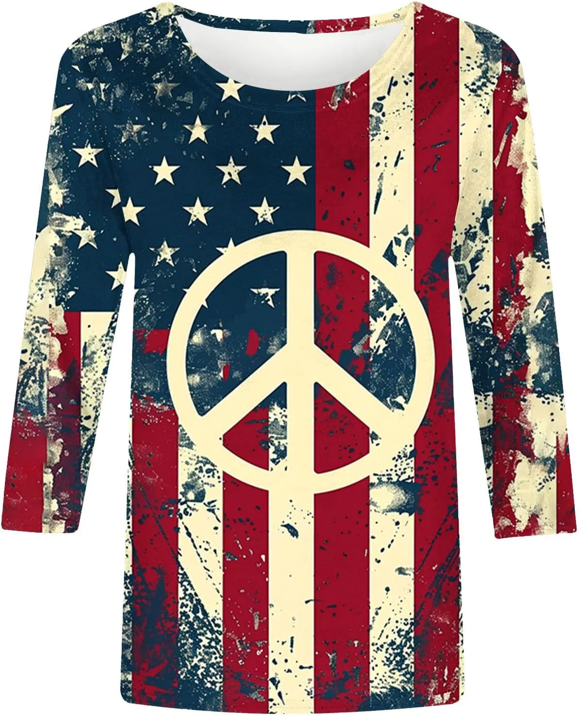 Womens Peace Sign T Shirt Novelty 3D Floral Graphic Tee Cute Ladies Gift 3/4 Sleeve Tunic Tops Vintage Hippie Costume