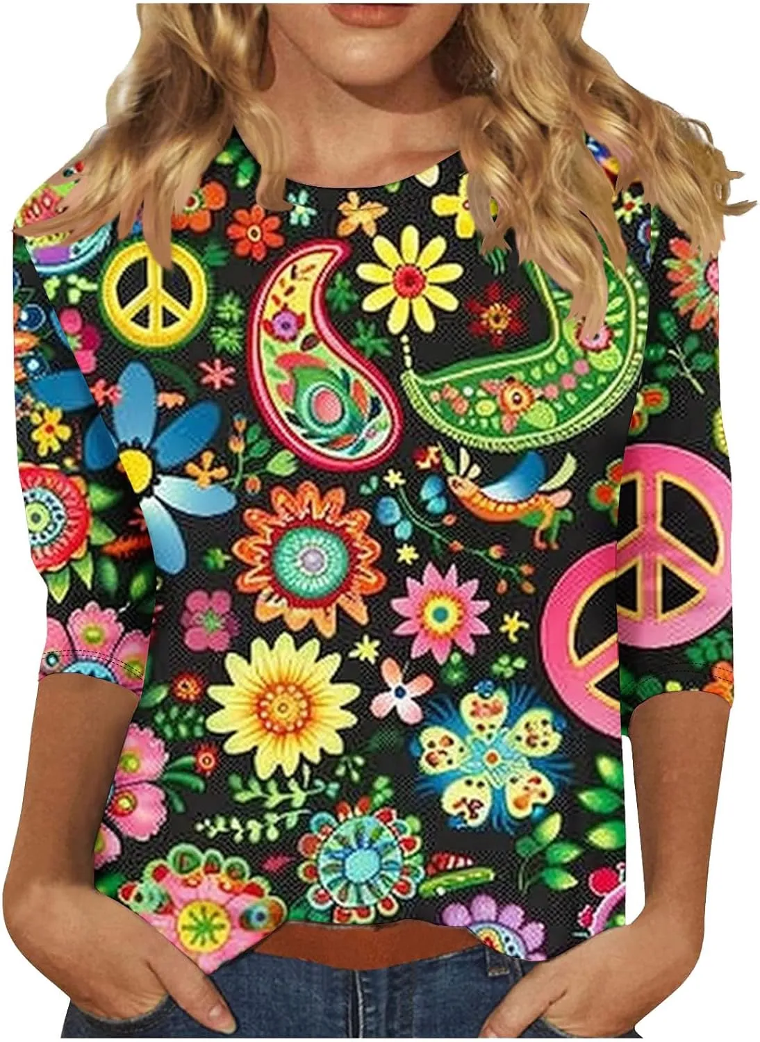 Womens Peace Sign T Shirt Novelty 3D Floral Graphic Tee Cute Ladies Gift 3/4 Sleeve Tunic Tops Vintage Hippie Costume