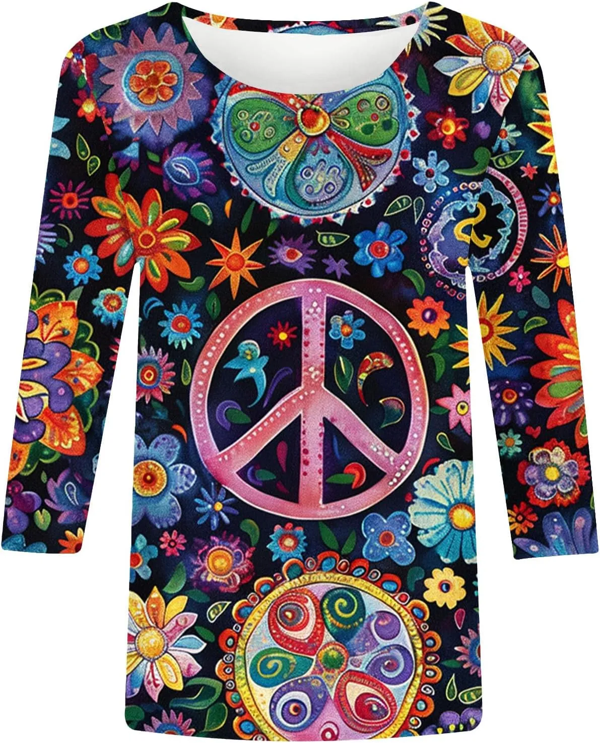 Womens Peace Sign T Shirt Novelty 3D Floral Graphic Tee Cute Ladies Gift 3/4 Sleeve Tunic Tops Vintage Hippie Costume
