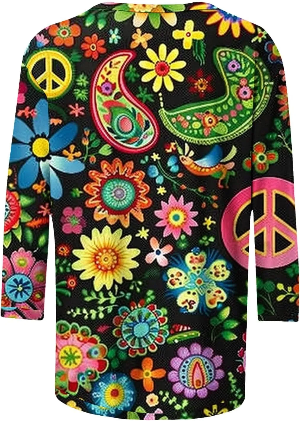 Womens Peace Sign T Shirt Novelty 3D Floral Graphic Tee Cute Ladies Gift 3/4 Sleeve Tunic Tops Vintage Hippie Costume
