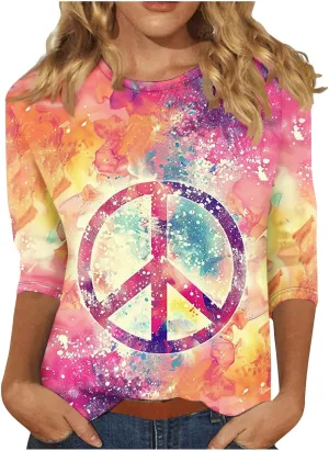 Womens Peace Sign T Shirt Novelty 3D Floral Graphic Tee Cute Ladies Gift 3/4 Sleeve Tunic Tops Vintage Hippie Costume