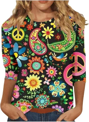 Womens Peace Sign T Shirt Novelty 3D Floral Graphic Tee Cute Ladies Gift 3/4 Sleeve Tunic Tops Vintage Hippie Costume