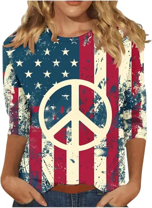 Womens Peace Sign T Shirt Novelty 3D Floral Graphic Tee Cute Ladies Gift 3/4 Sleeve Tunic Tops Vintage Hippie Costume