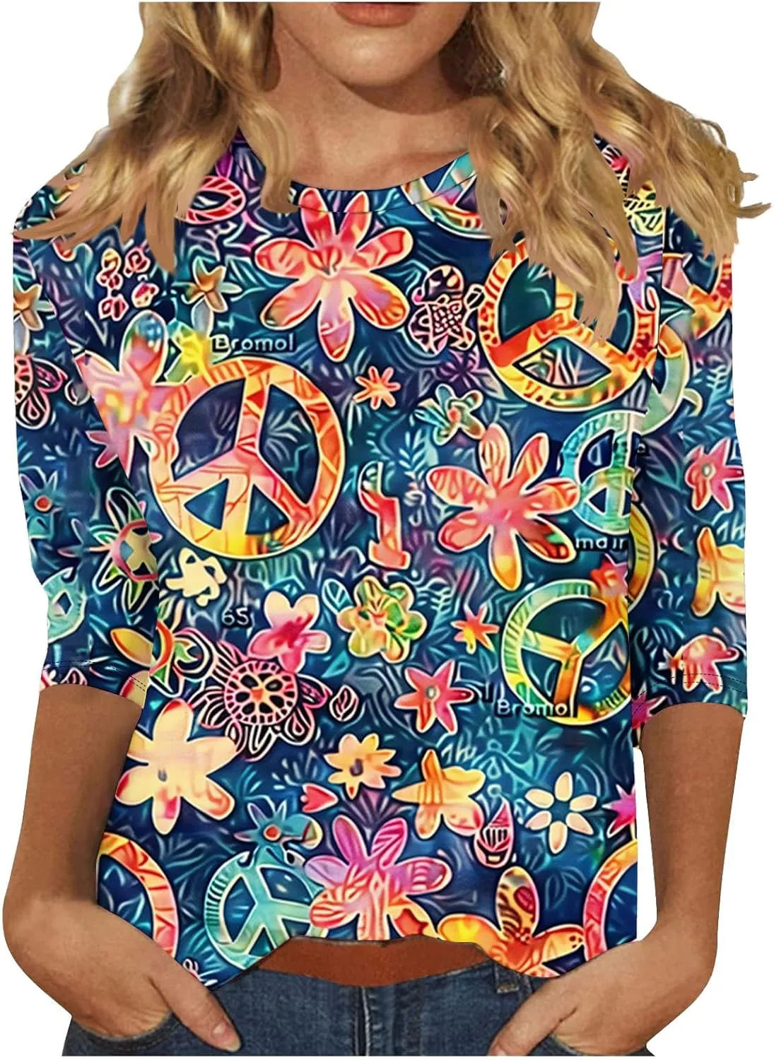 Womens Peace Sign T Shirt Novelty 3D Floral Graphic Tee Cute Ladies Gift 3/4 Sleeve Tunic Tops Vintage Hippie Costume
