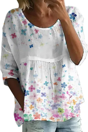Womens Peasant Boho Tunic Tops 2025 Summer Floral Printed 3/4 Length Sleeve Casual Loose Fit Flowy Babydoll Blouses