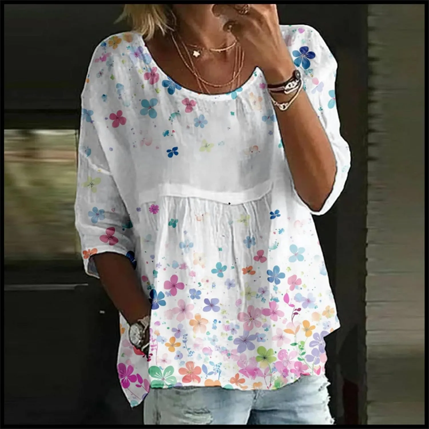 Womens Peasant Boho Tunic Tops 2025 Summer Floral Printed 3/4 Length Sleeve Casual Loose Fit Flowy Babydoll Blouses