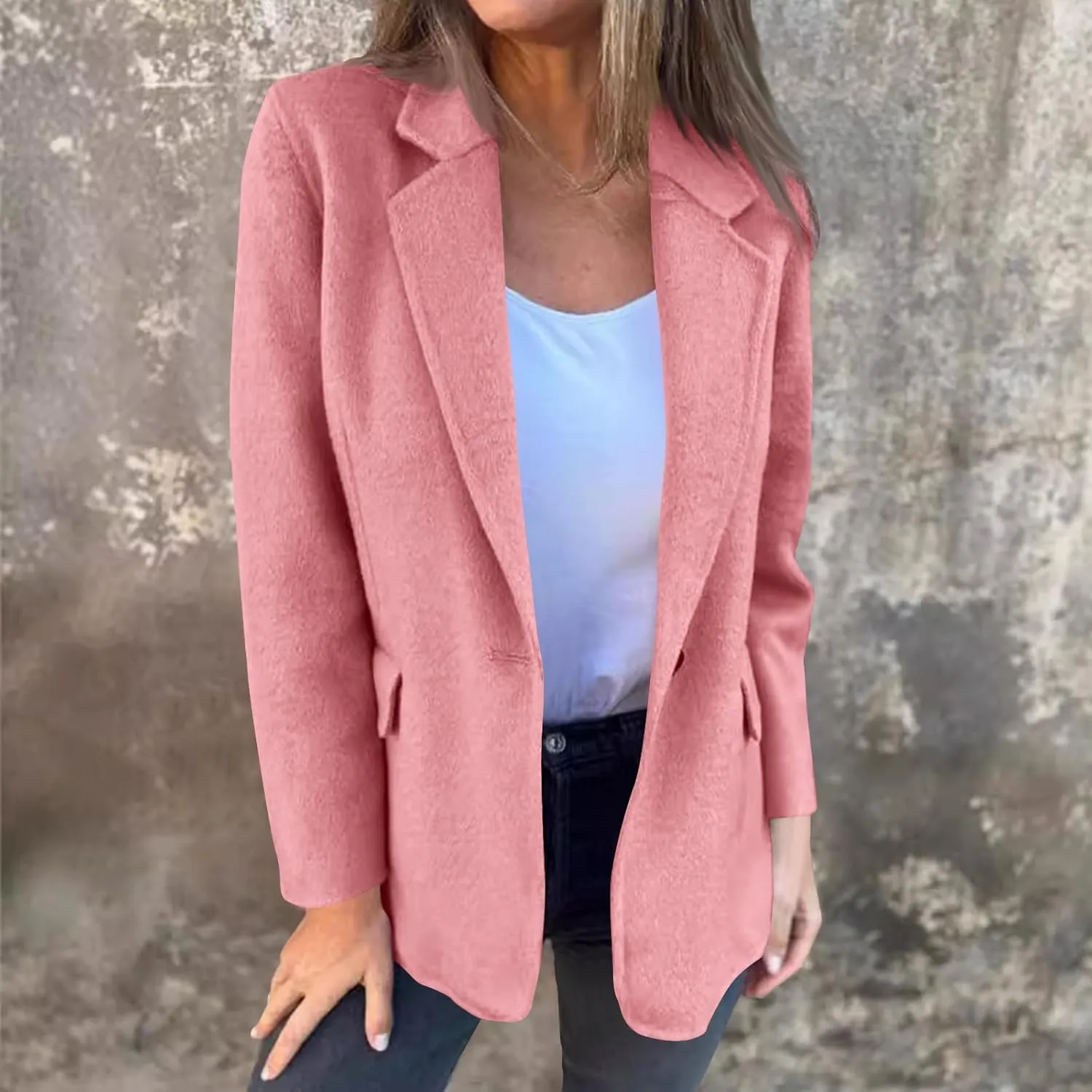 Womens Plus Size Blazer Wool Blend Lapel Causal Business Open Front Short Jacket Pea Coat Warm Cozy Fall Trench Coat