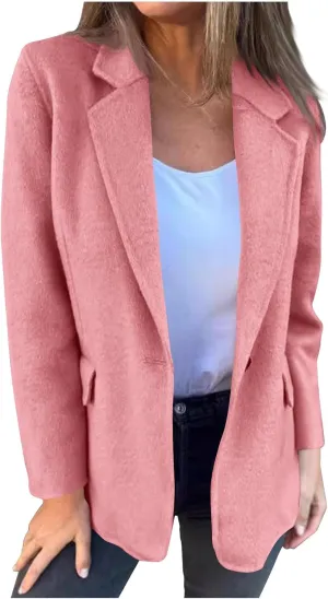 Womens Plus Size Blazer Wool Blend Lapel Causal Business Open Front Short Jacket Pea Coat Warm Cozy Fall Trench Coat