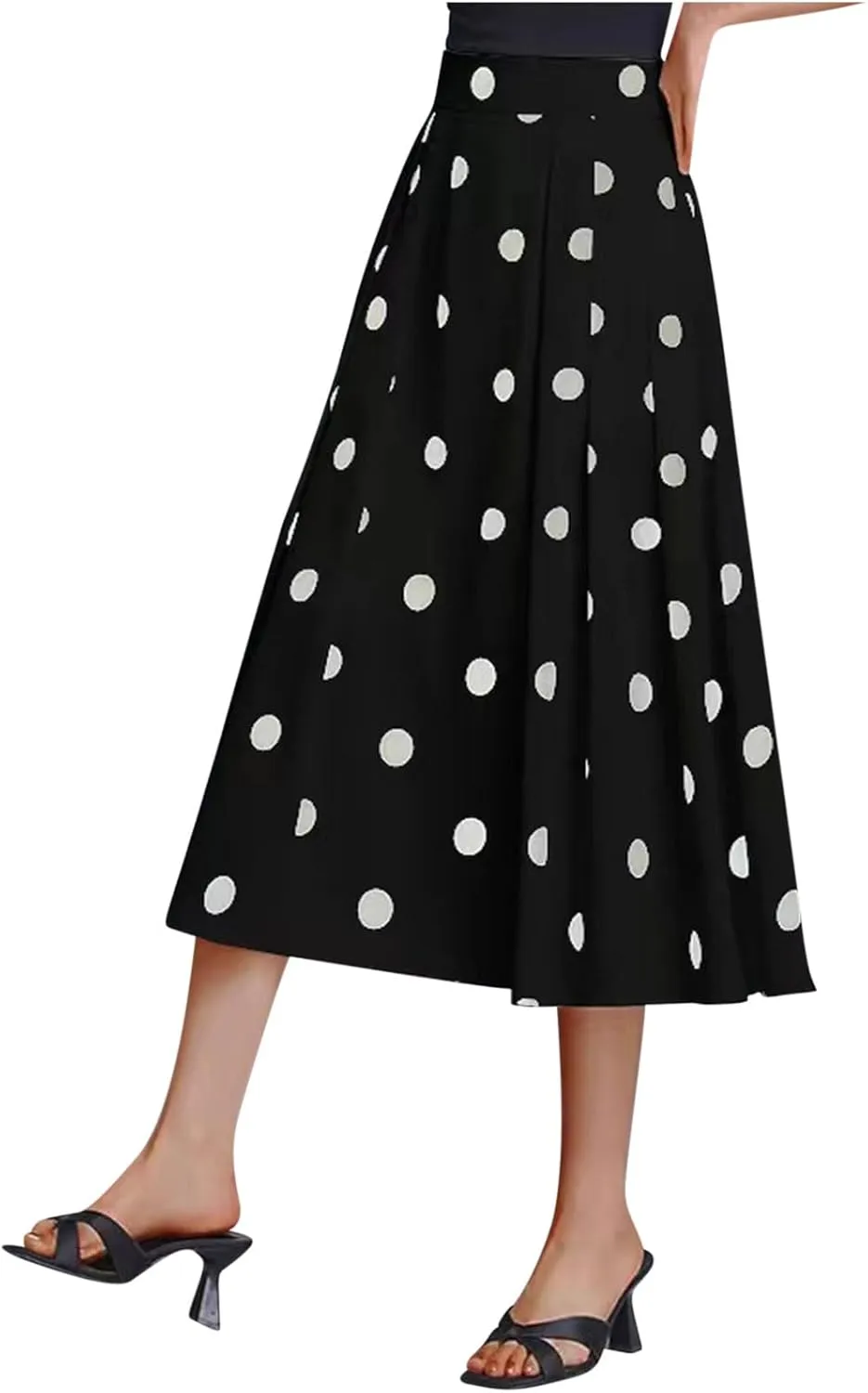 Women's Polka Dots Long Skirt, Elastic High Waisted Skirts Pleated Loose A-Line Business Casual Skirts with Pockets