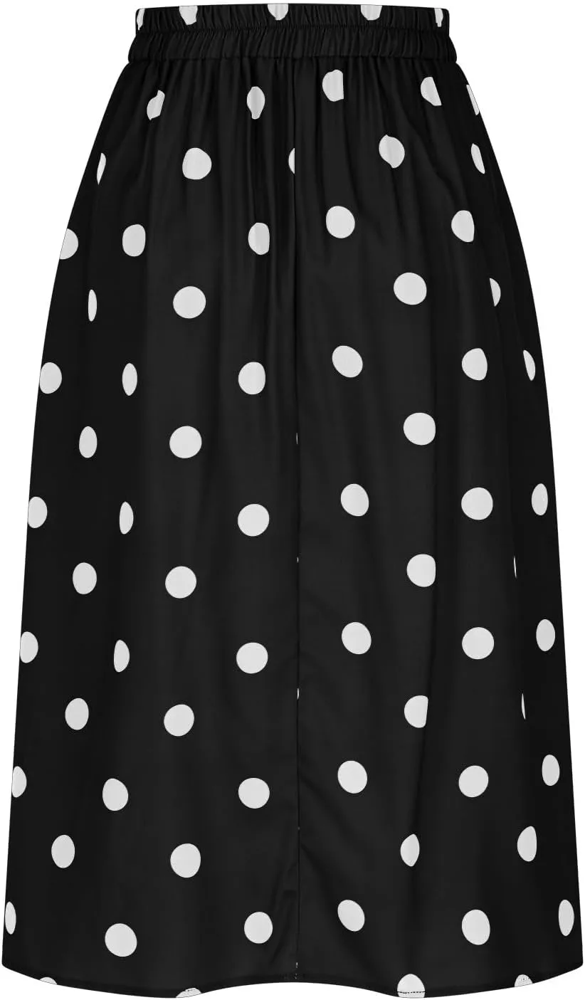 Women's Polka Dots Long Skirt, Elastic High Waisted Skirts Pleated Loose A-Line Business Casual Skirts with Pockets