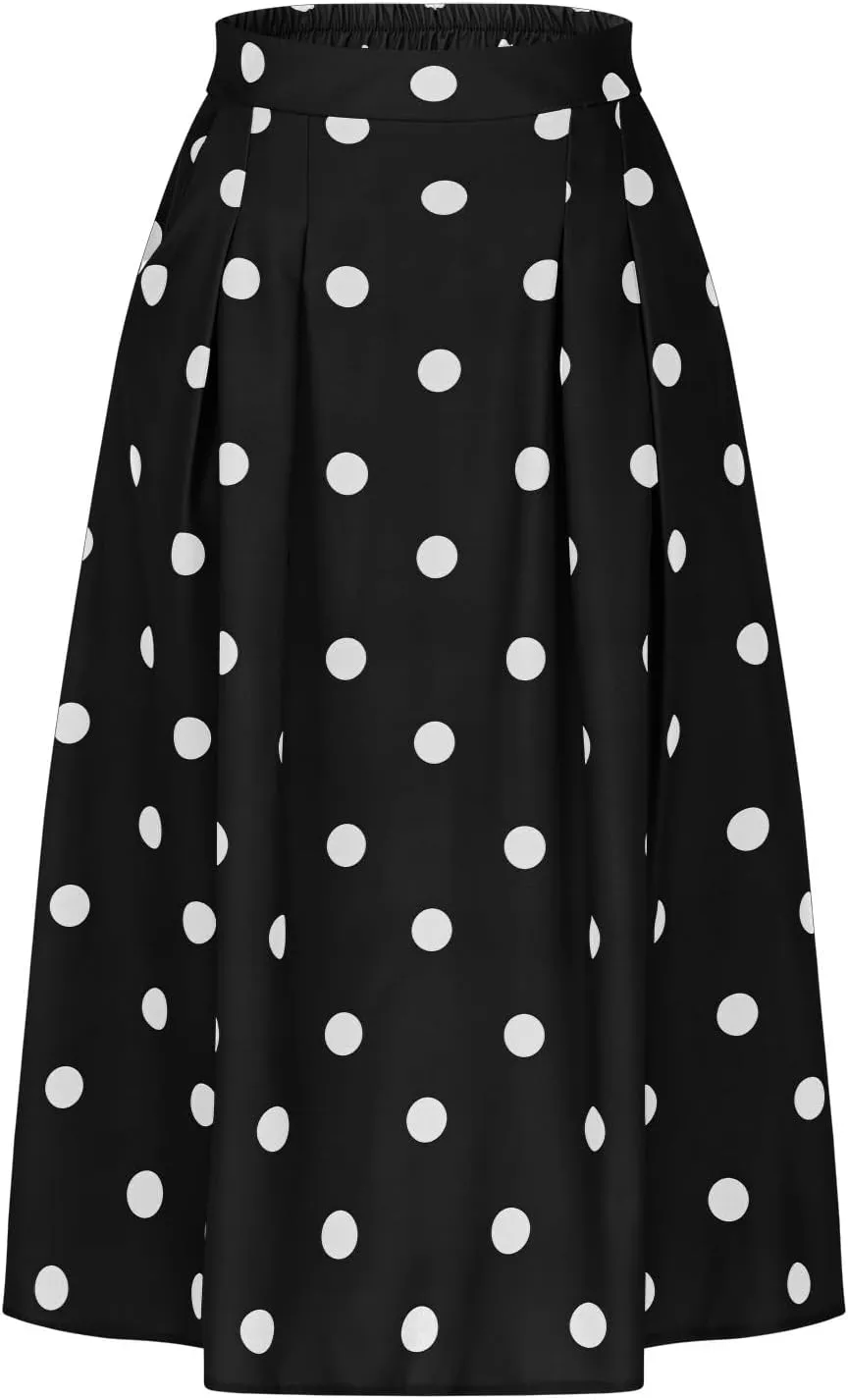 Women's Polka Dots Long Skirt, Elastic High Waisted Skirts Pleated Loose A-Line Business Casual Skirts with Pockets