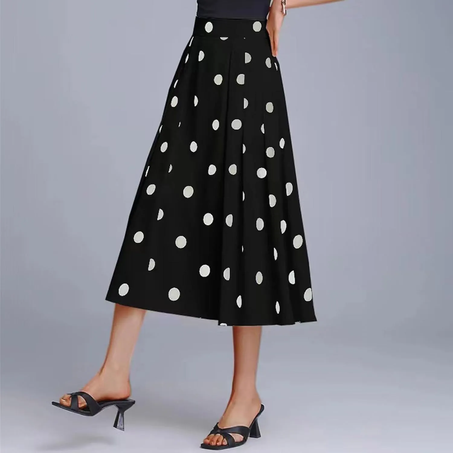 Women's Polka Dots Long Skirt, Elastic High Waisted Skirts Pleated Loose A-Line Business Casual Skirts with Pockets