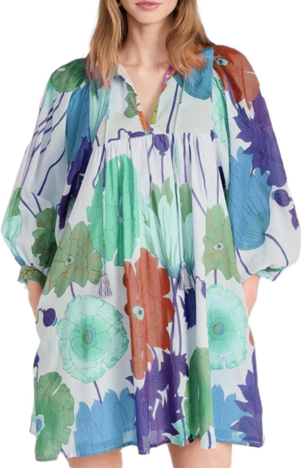 Womens Puff Sleeve Floral Print Dress V Neck 3/4 Half Sleeve Ruffle Floral Flowy Boho Babydoll Mini Beach Dress