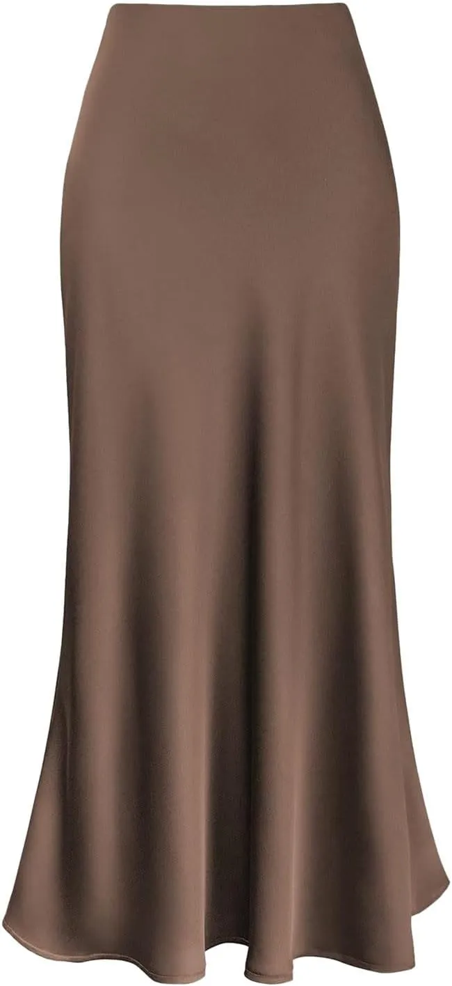 Women's Satin High Waisted Maxi Skirts Hidden Elasticized Waistband Elegant A Line Long Skirt