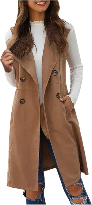 Women's Sleeveless Open Front Long Cardigan Vest Casual Solid Lapel Double Breasted Vest Blazer Jacket with Pockets Khaki