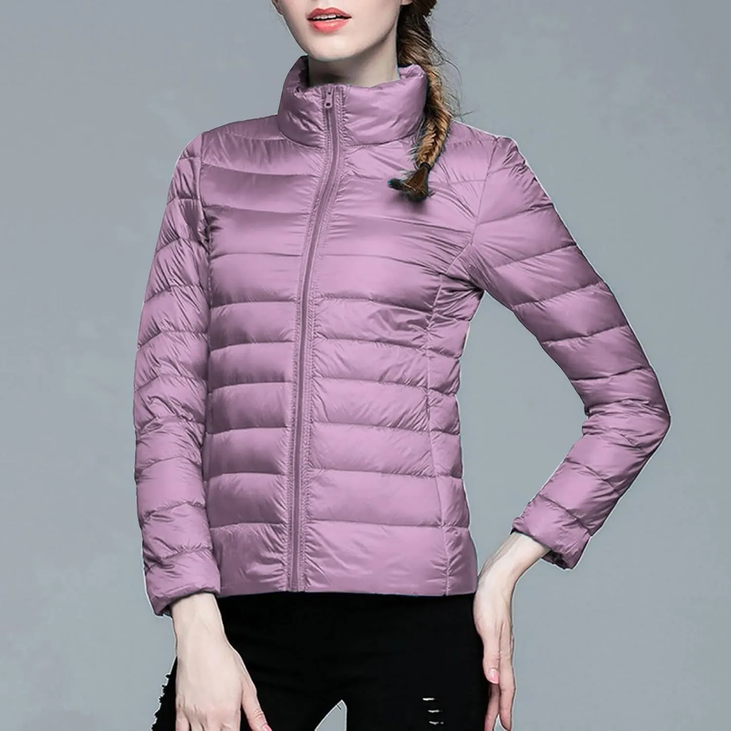 Women's Solid Color Standing Collar Hatless Ultra Light Down Jacket Top (With Storage Bag) Shirts for Women