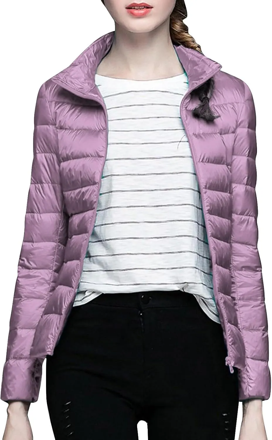 Women's Solid Color Standing Collar Hatless Ultra Light Down Jacket Top (With Storage Bag) Shirts for Women