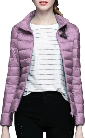 Women's Solid Color Standing Collar Hatless Ultra Light Down Jacket Top (With Storage Bag) Shirts for Women
