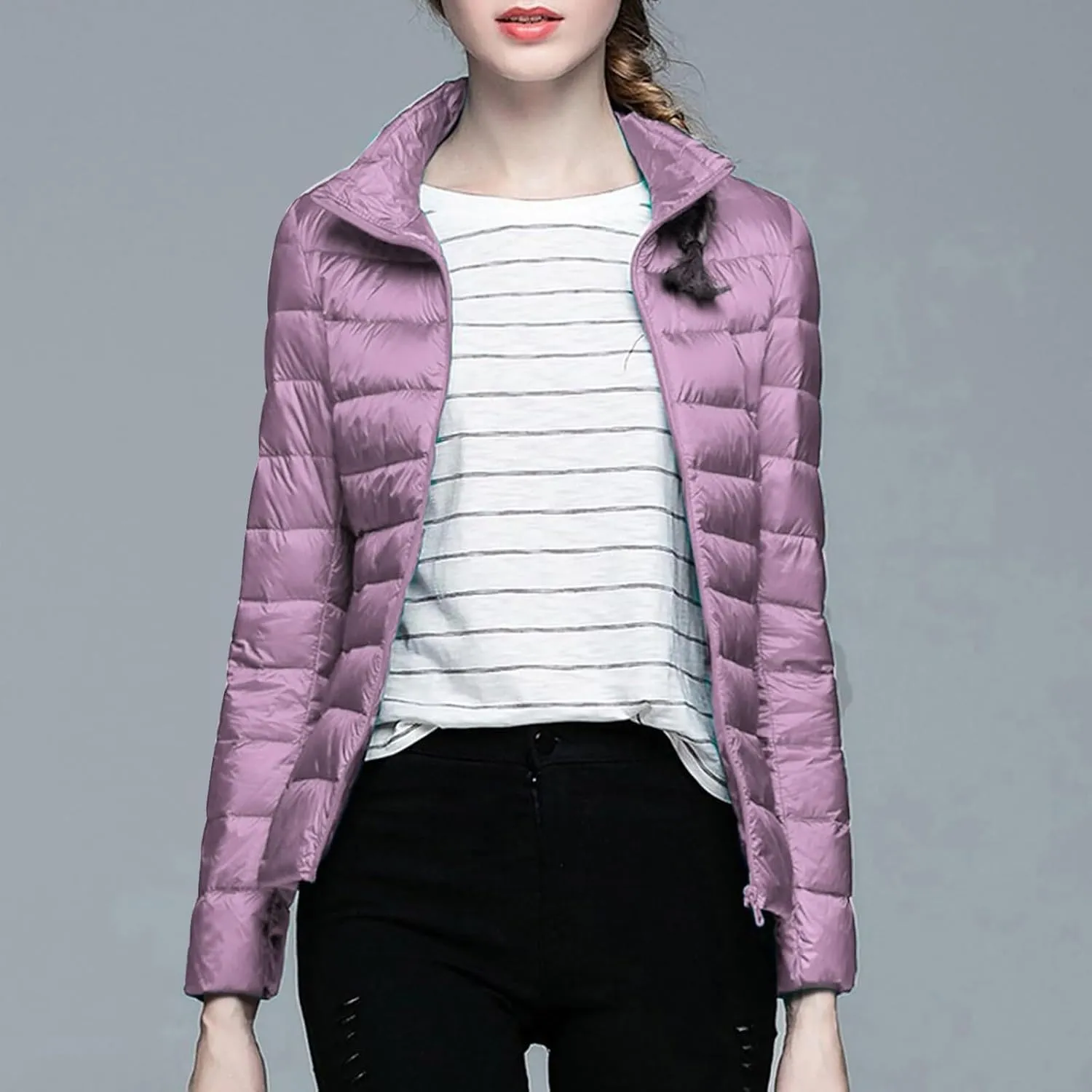 Women's Solid Color Standing Collar Hatless Ultra Light Down Jacket Top (With Storage Bag) Shirts for Women
