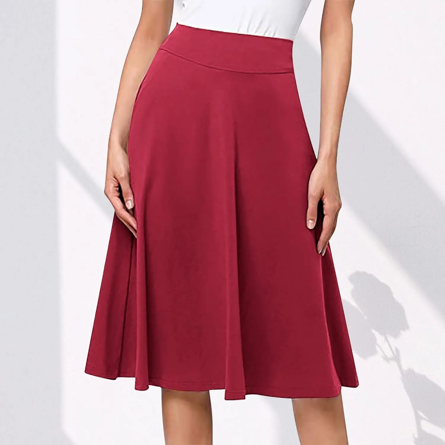 Women's Stretchy High Waist Flare A-Line Midi Skirt Solid Knee Length Elegant Skirts Casual Summer Loose Flowy Skirt