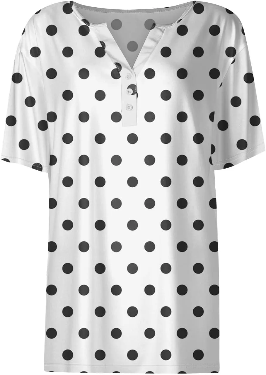 Women's Summer Casual Loose Tops V-Neck Short Sleeve Button Plaid Polka Dot Printed T-Shirt Plus, S-3XL